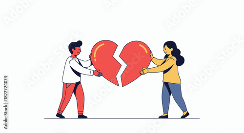 Couple holding a broken heart symbolizing relationship problems and breakup.