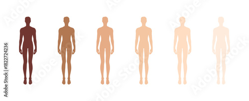 Male body silhouettes skin color diversity shades front view vector set. Inclusive human anatomy template, multicultural variation, man different skin tones art, fashion concept.