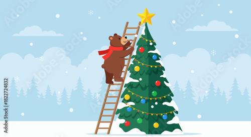 Cute Bear Decorating Christmas Tree with Star Topper in Snowy Winter Landscape.