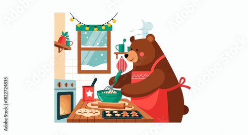 Cute Bear Baking Christmas Cookies in a Cozy Winter Kitchen.