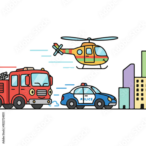Emergency Vehicles in Action - Fire Truck, Police Car, and Helicopter.