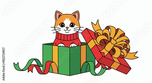 Cute Cartoon Cat in a Festive Christmas Gift Box.