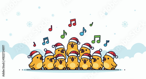 Cute Cartoon Chicks Singing Christmas Carols in Santa Hats with Musical Notes.