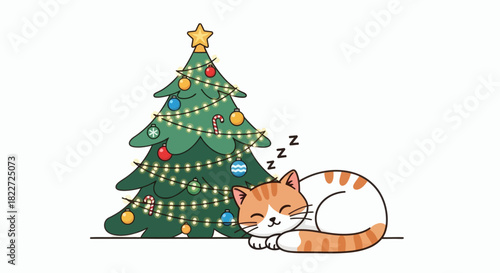 Cute Cat Sleeping Peacefully Next to a Decorated Christmas Tree.