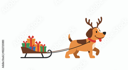 Cute Dog Dressed as Reindeer Pulling Sleigh with Christmas Gifts.
