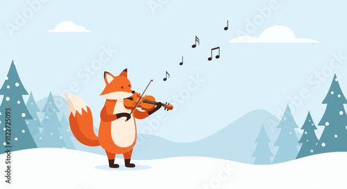 Cute Fox Playing Violin in Snowy Winter Landscape with Music Notes.