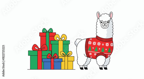 Cute Llama Wearing Christmas Sweater with Stack of Presents.