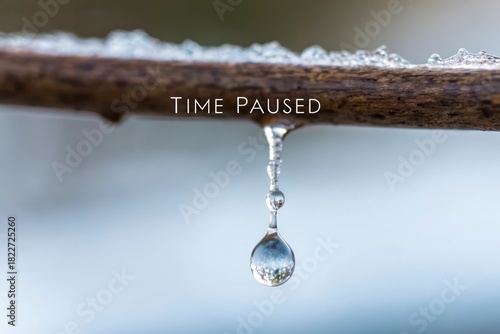 A frozen droplet of water paused in time against blue bokeh