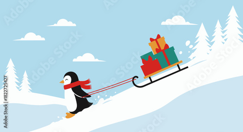Cute Penguin Pulling Sleigh with Christmas Gifts Up Snowy Hill.