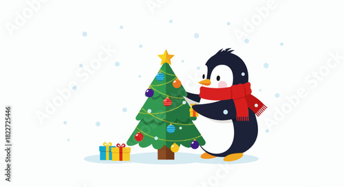 Cute Penguin Decorating Christmas Tree with Gifts and Snowflakes.