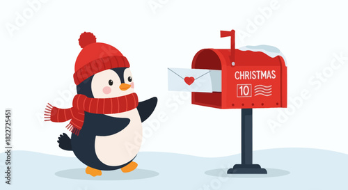 Cute Penguin Sending Christmas Letter to Santa Claus.
