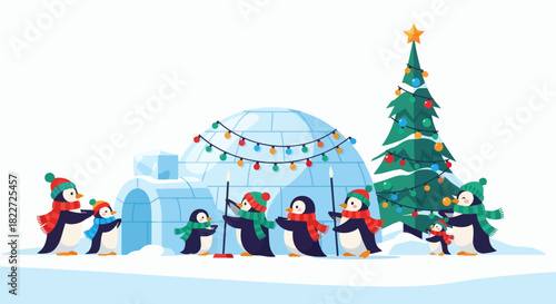 Cute penguins celebrating Christmas with igloos and a decorated tree.