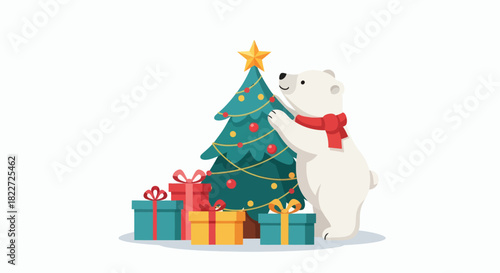 Cute Polar Bear Decorating Christmas Tree with Presents.