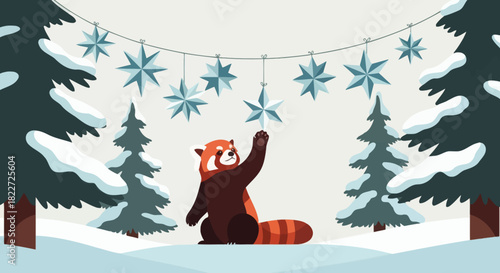 Cute red panda playing with snowflake decorations in a snowy winter forest scene.
