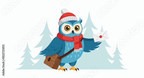 Cute Winter Owl Postman Delivering Mail in Snowy Forest.