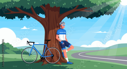 Cyclist resting with bike under a tree on a sunny day.