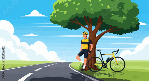 Cyclist Resting Under a Tree on a Scenic Roadside.