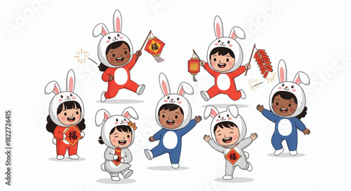 Diverse Group of Happy Children Dressed in Cute Bunny Costumes Celebrating Lunar New Year.