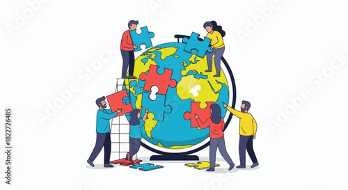 Diverse group of people collaborating to assemble a globe puzzle symbolizing global cooperation and teamwork.