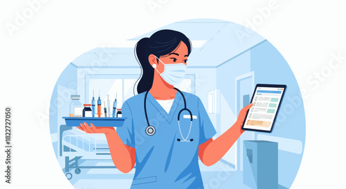 Female Nurse with Medical Tray and Tablet in Hospital Setting.
