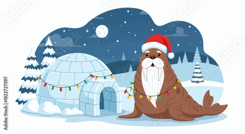 Festive Walrus in Santa Hat and Lights Beside an Igloo in a Winter Wonderland.