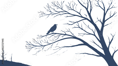 Crow silhouette on a bare tree branch vector, A dark blue silhouette illustration of a crow perched on the branch of a bare, gnarled tree against a white background.