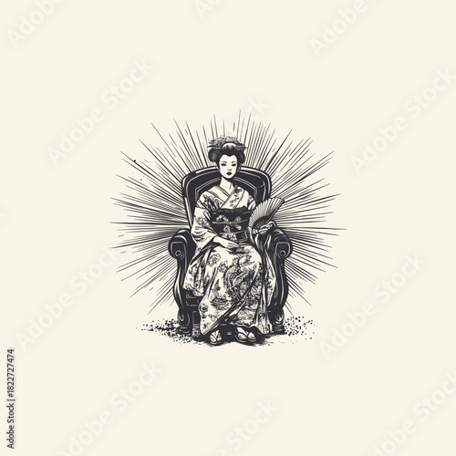 Powerful and dark vintage sketch illustration of a Japanese Queen or Geisha Empress sitting on a majestic throne, holding a traditional fan, surrounded by a halo of light
