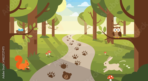 Forest path with animal footprints and wildlife in a sunny woodland scene.