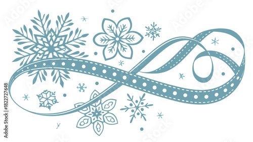 Blue curled holiday ribbon with snowflakes vector illustration, A flat vector illustration of a curling light blue ribbon decorated with dots, surrounded by various blue snowflakes.