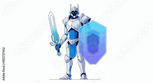 Futuristic Robot Knight with Sword and Shield Standing Guard 1.