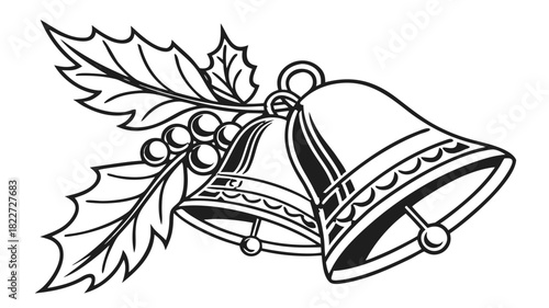 Christmas bells with holly leaves black outline vector illustration, A black and white line art illustration of two jingle bells topped with holly leaves and berries.