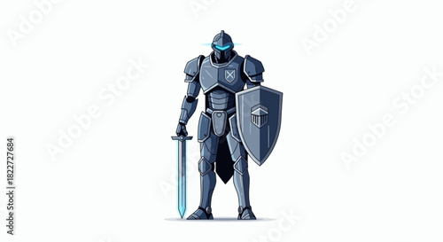 Futuristic Robot Knight with Sword and Shield Standing Guard.