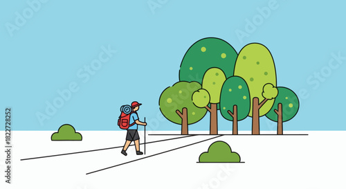 Hiker with backpack and walking sticks on a path in nature.