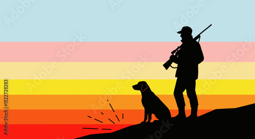 Hunter and dog silhouette at sunset vibrant sky background.