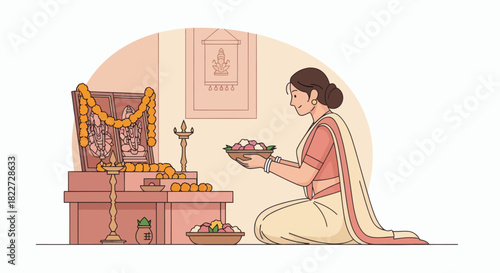 Indian Woman Performing Traditional Puja Ritual at Home Altar.