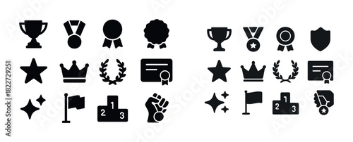 Award and achievement icons collection: trophies, medals, badges, crowns, stars