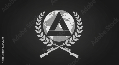 World Civil Defence Day Illustrative Emblem Featuring a Globe, Triangle, Laurel Wreaths, and Crossed Rifles on a Dark Background