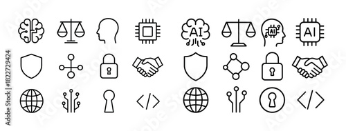 Artificial intelligence and cybersecurity icons: brain, scales, lock, ai, circuit, shield, global