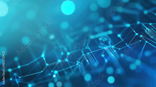 Digital network connection with glowing blue lines and dots creating futuristic technology background with depth and bokeh light effects