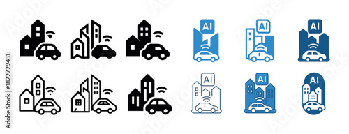 Smart city icons with autonomous cars and ai technology integration