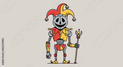 Jester Robot Character with Scepter and Jester Hat.