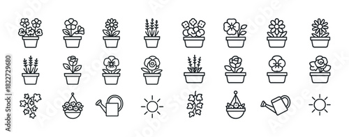 Black and white outline icons of potted flowers and gardening elements