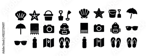 Beach essentials icons: shell, starfish, shovel, umbrella, camera, backpack, flip-flops