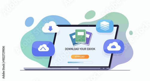 Laptop Screen Displaying Ebook Download Interface with Cloud Icons.
