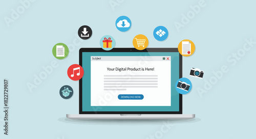 Laptop with Digital Product Download Page and Surrounding Icons.