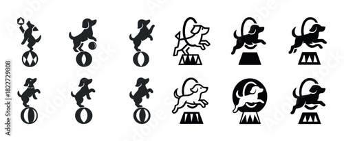 Circus dogs performing tricks: silhouettes of athletic canine acrobatics