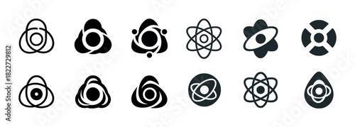 Set of atomic and molecular icon designs in black and white