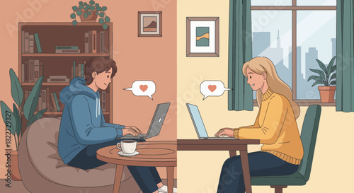 Longdistance relationship with couple chatting online on laptops.