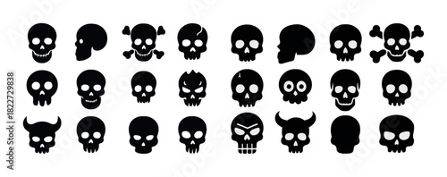 Set of 24 black silhouette cartoon skulls with various expressions and styles