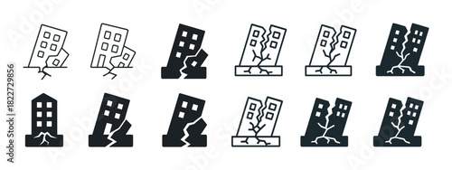 Earthquake icons: cracked buildings and ground fissures in simple and bold styles